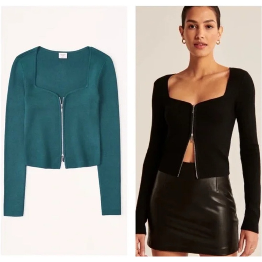 Abercrombie & Fitch Scoop Neck Sweater Fitted Zip Up Square Neck Cardigan, Teal